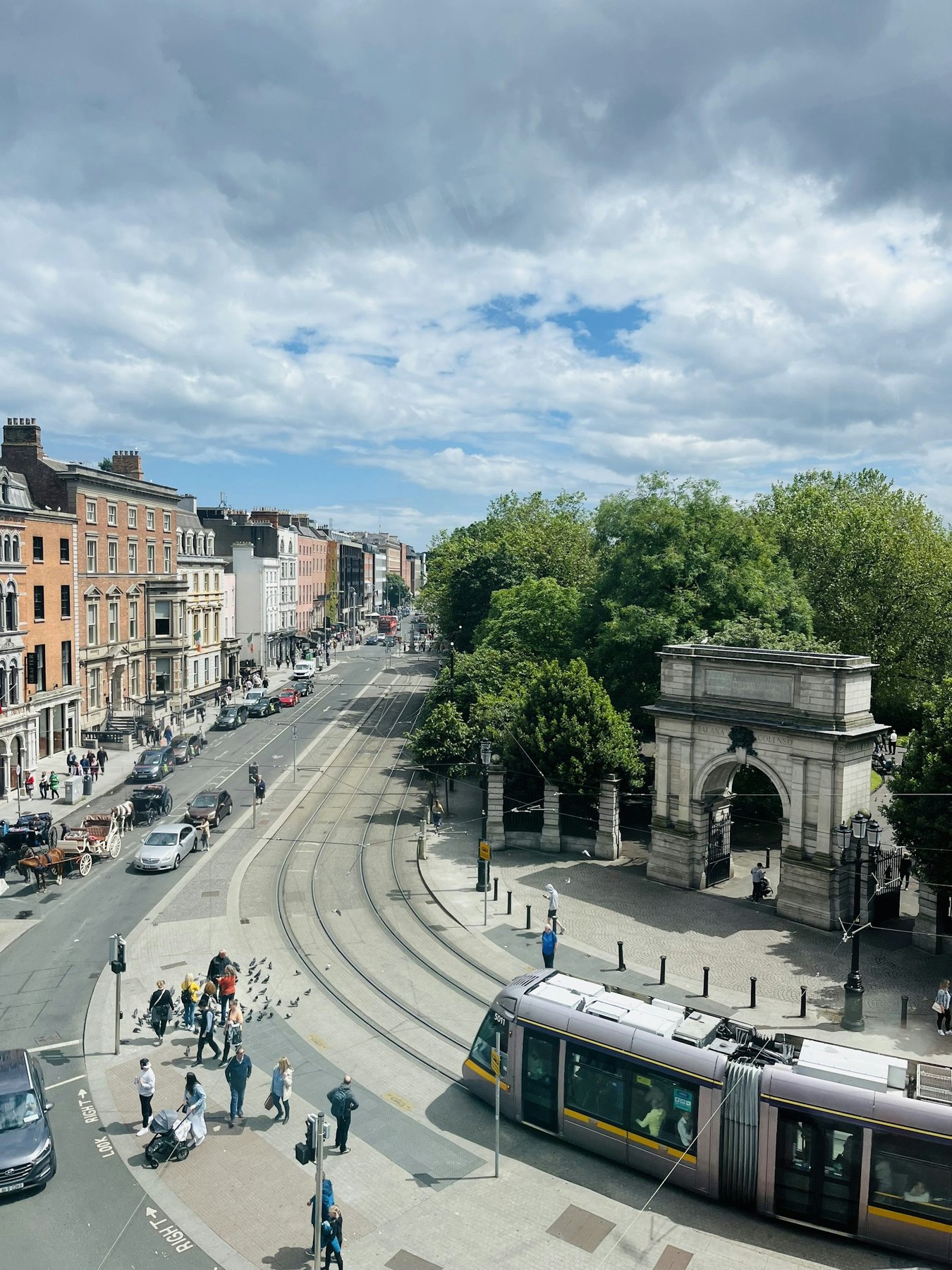 Luas tracks along a central Dublin street