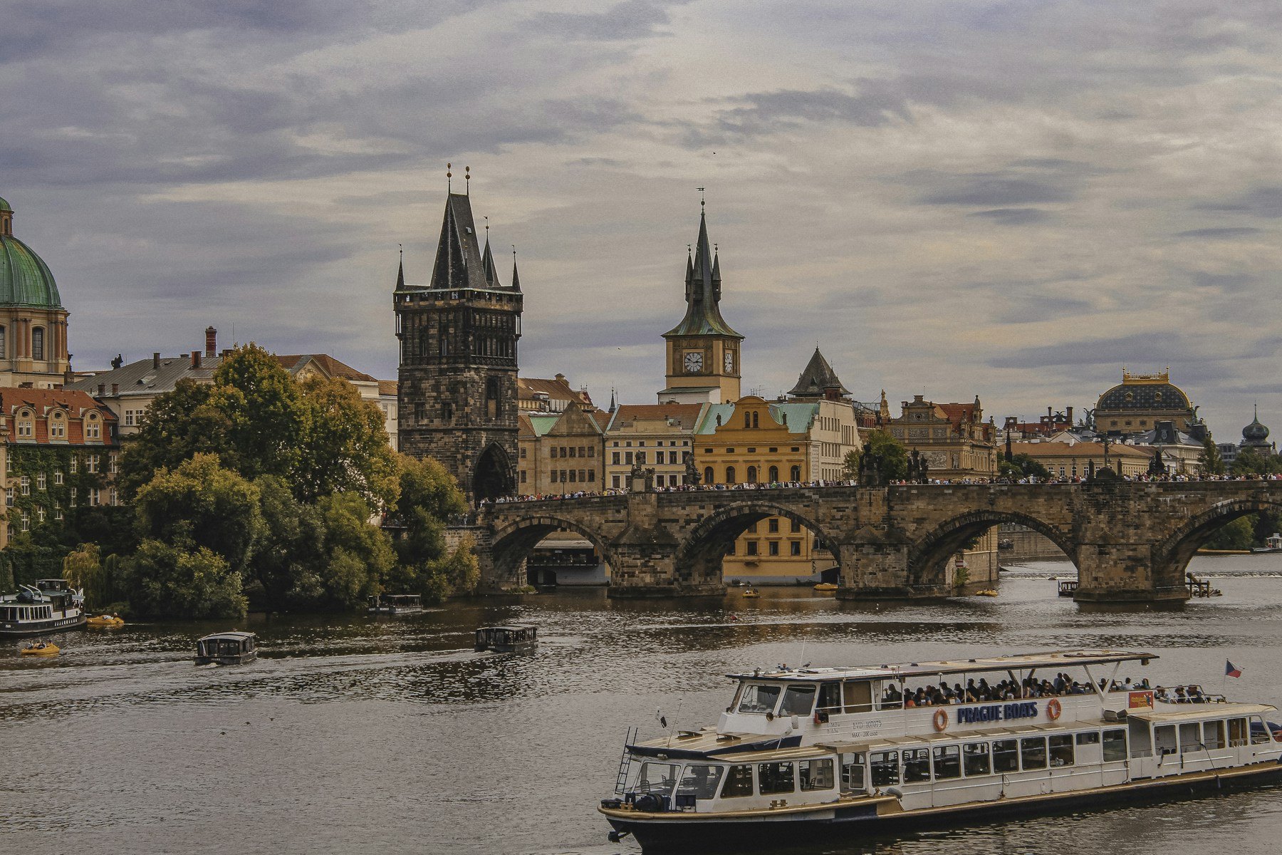 Charles Bridge and Prague beside the Vltava River