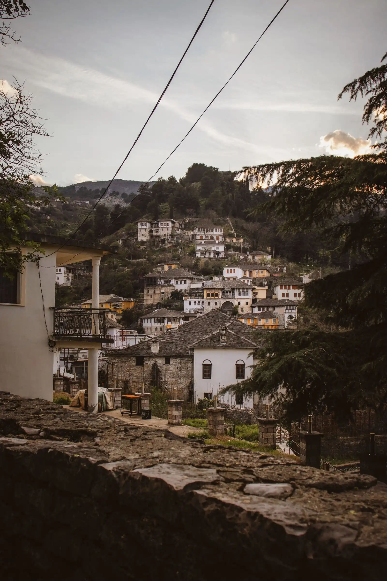 Stone-roofed houses on a hillside in Gjirokastër