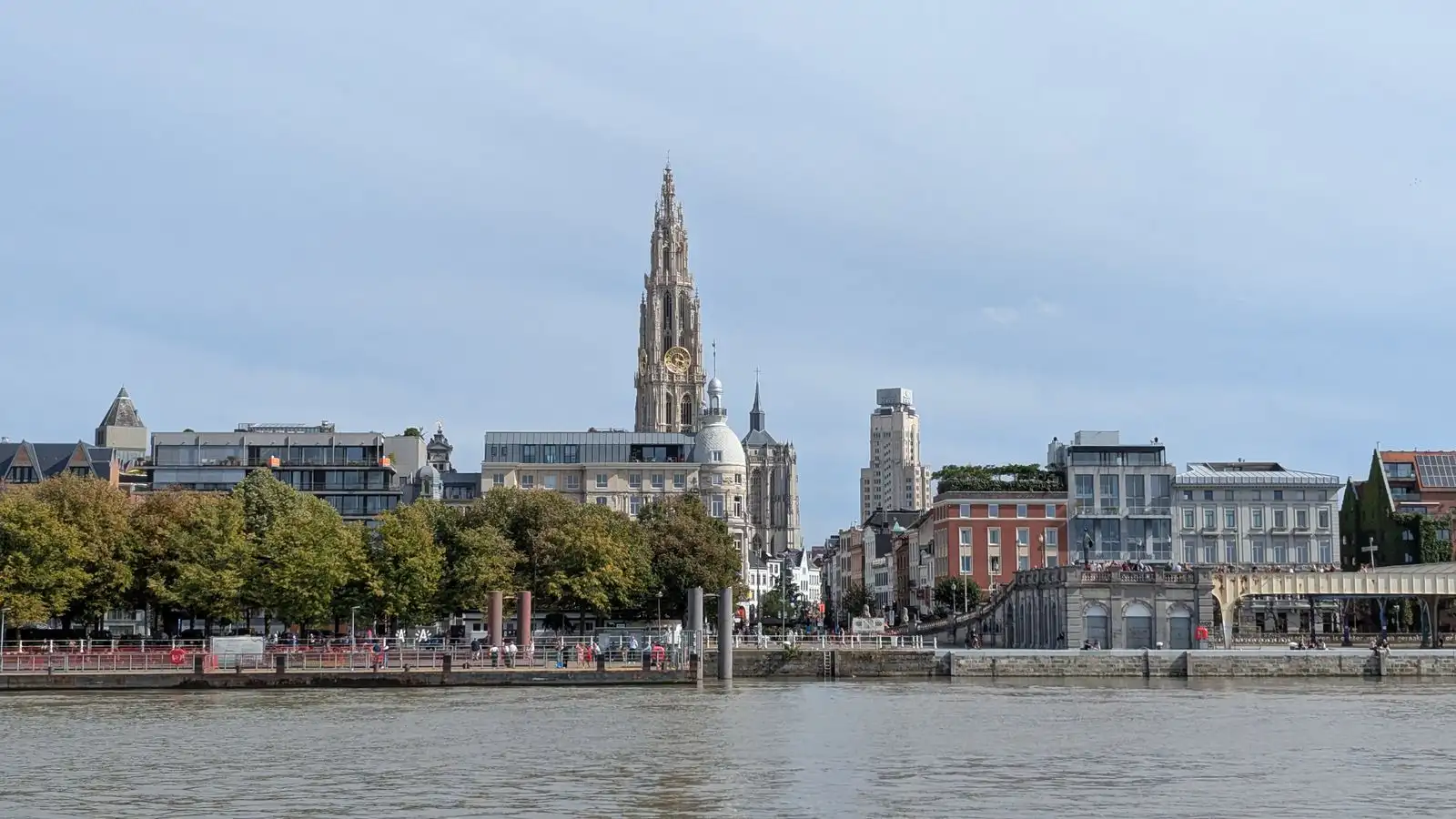 Antwerp's cathedral rising above the riverfront buildings