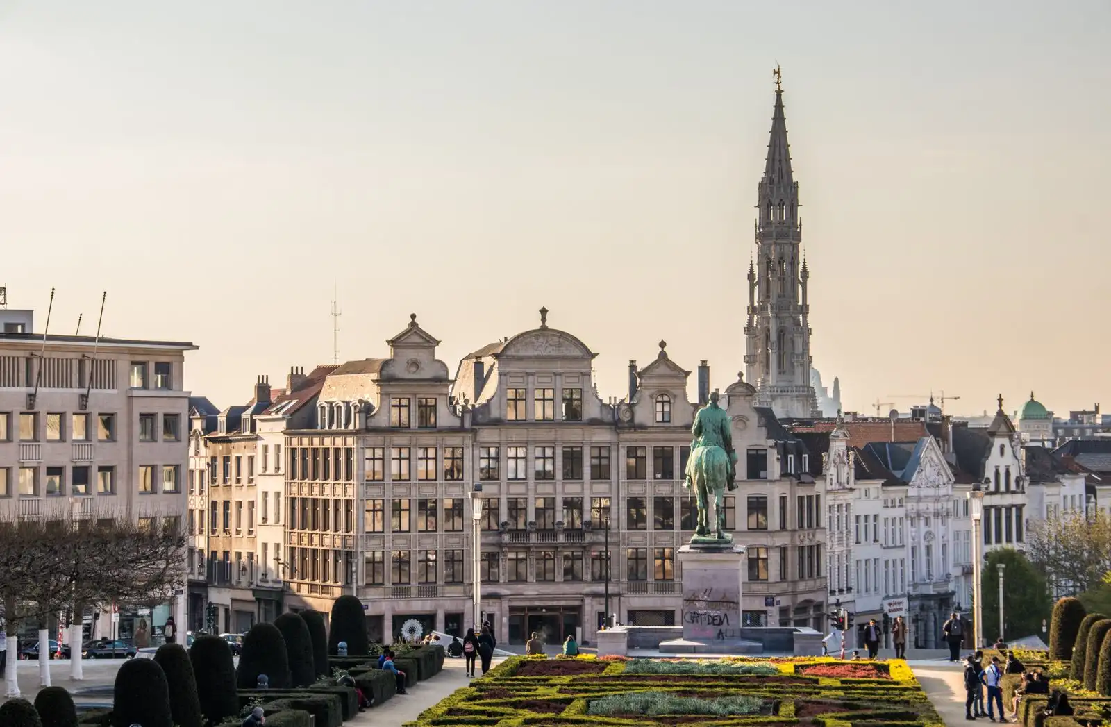 Brussels Town Hall above historic buildings and gardens