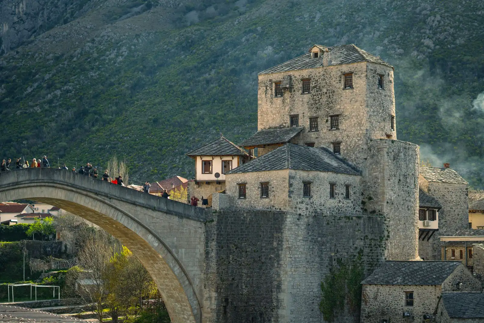 The Old Bridge and stone buildings in Mostar