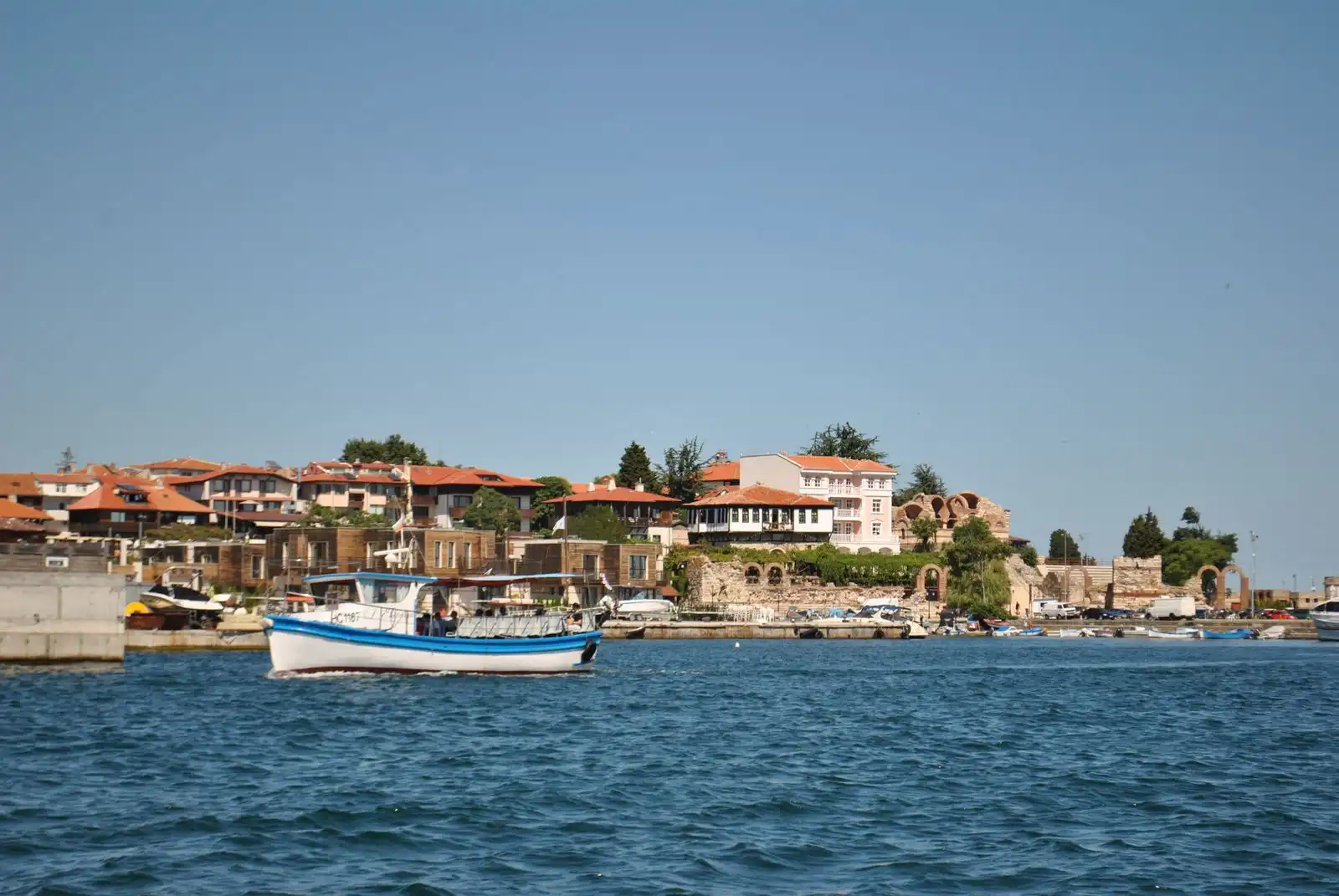 A fishing boat beside Nessebar's historic waterfront