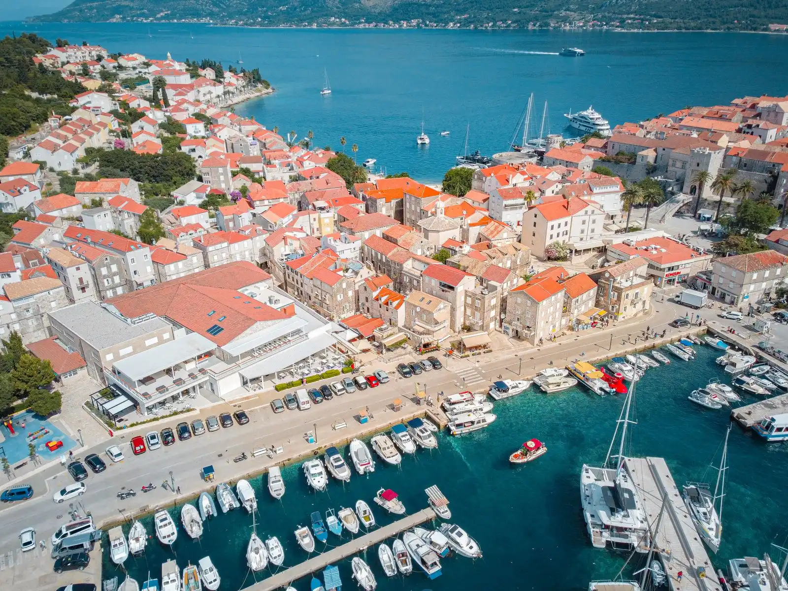 Korčula's red-roofed old town beside the marina