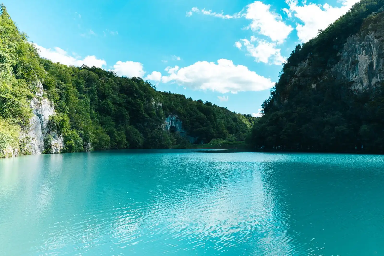 Turquoise lake water below wooded cliffs at Plitvice Lakes
