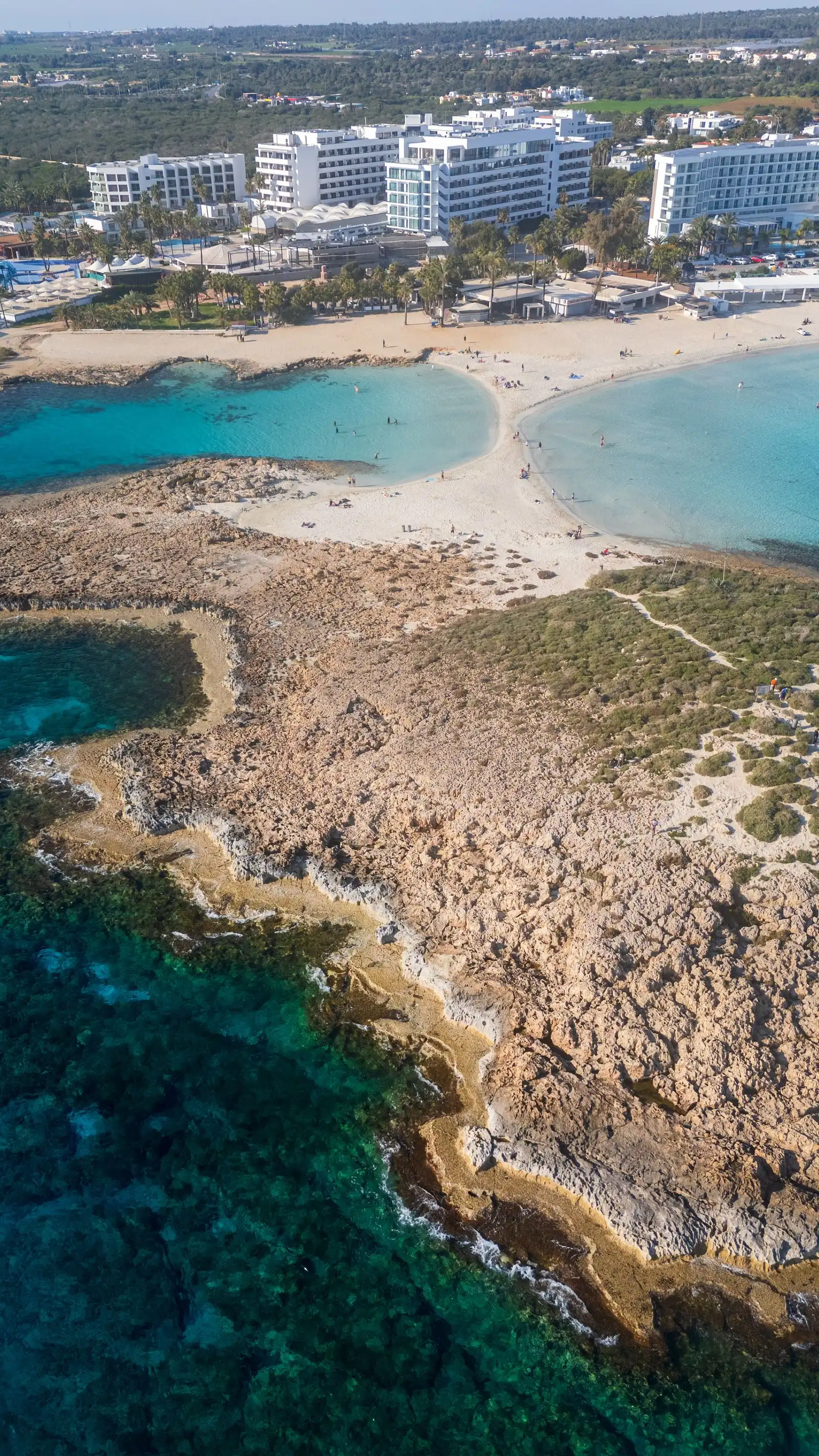 Aerial view of rocky coast and bays near Ayia Napa