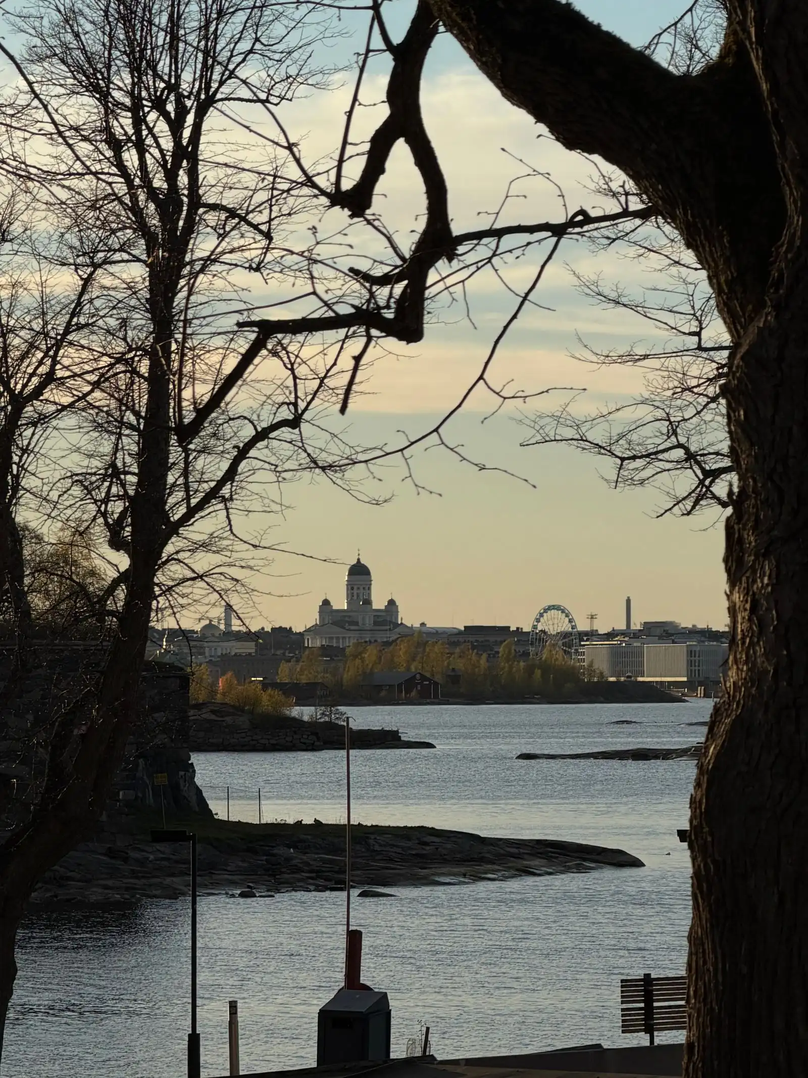 Helsinki Cathedral across the water, framed by trees