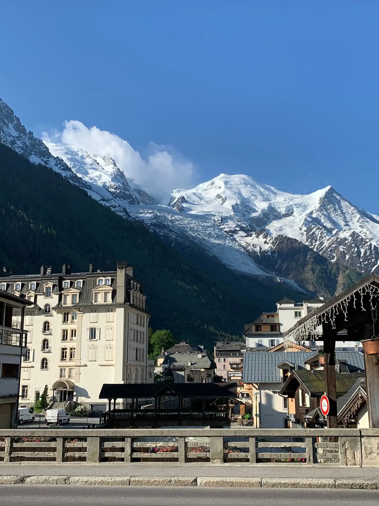 The snow-covered Mont Blanc massif above Chamonix