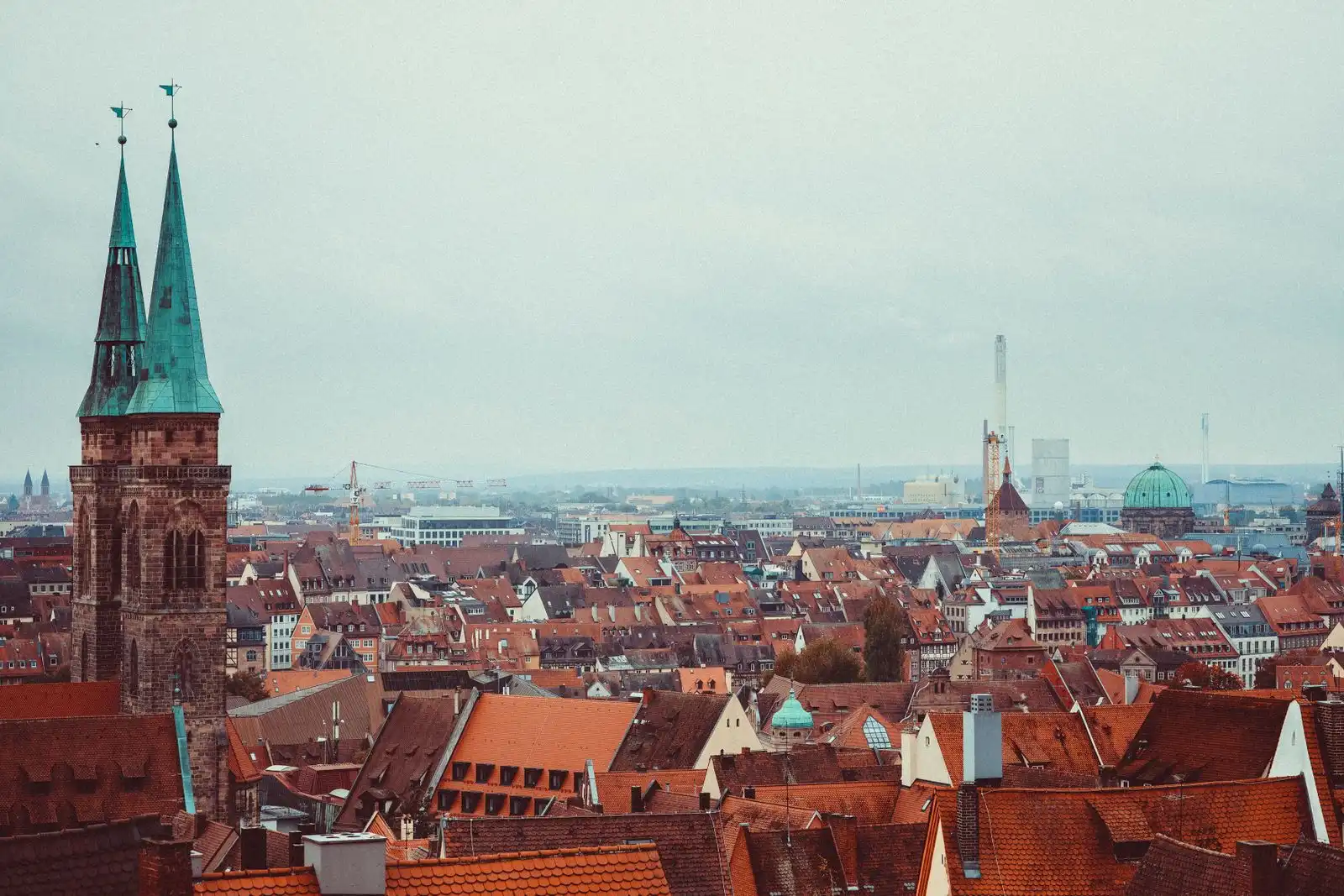 Church towers above Nuremberg's old-town rooftops