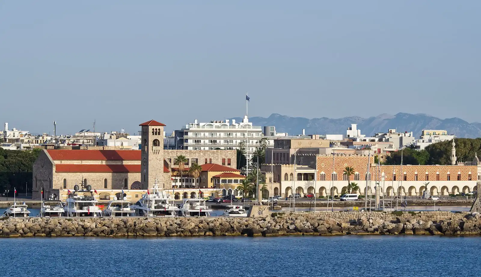 Boats and waterfront buildings in Rhodes harbour