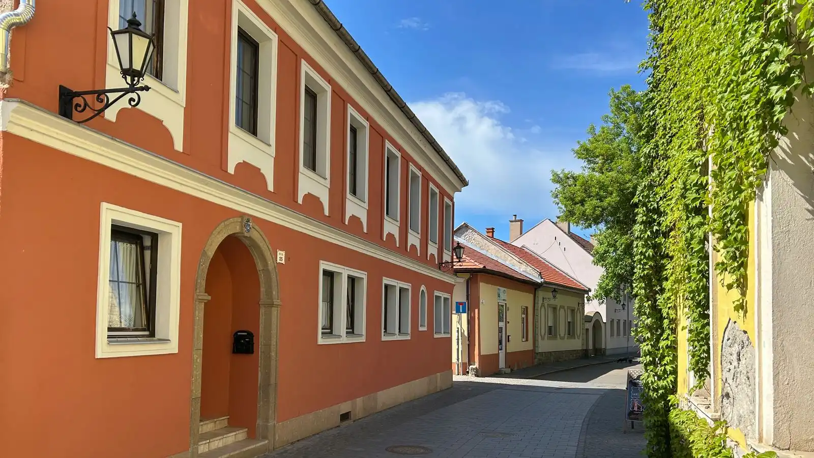 Colourful building facades along a street in Eger