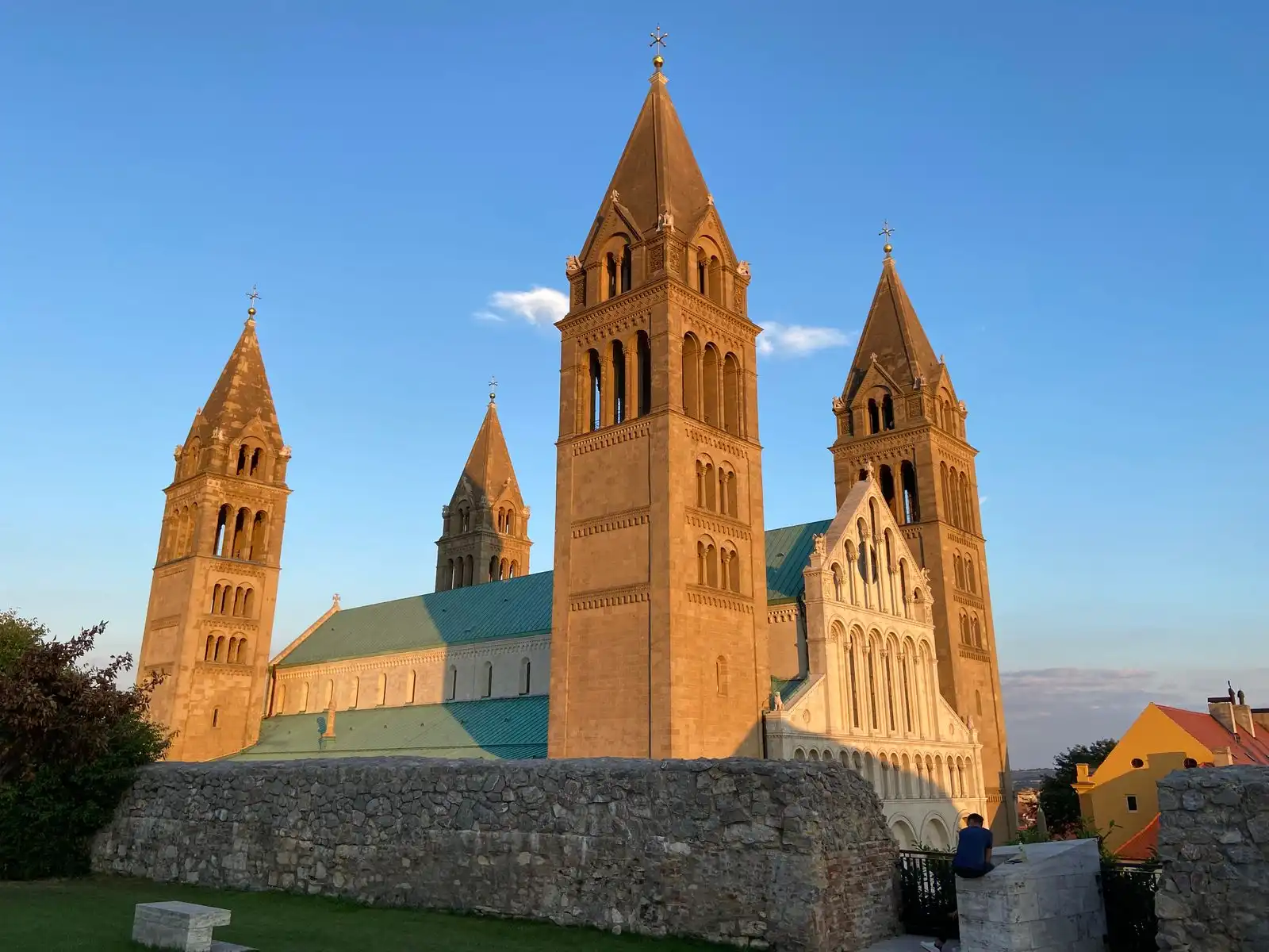 Towers of Pécs Cathedral in the evening light