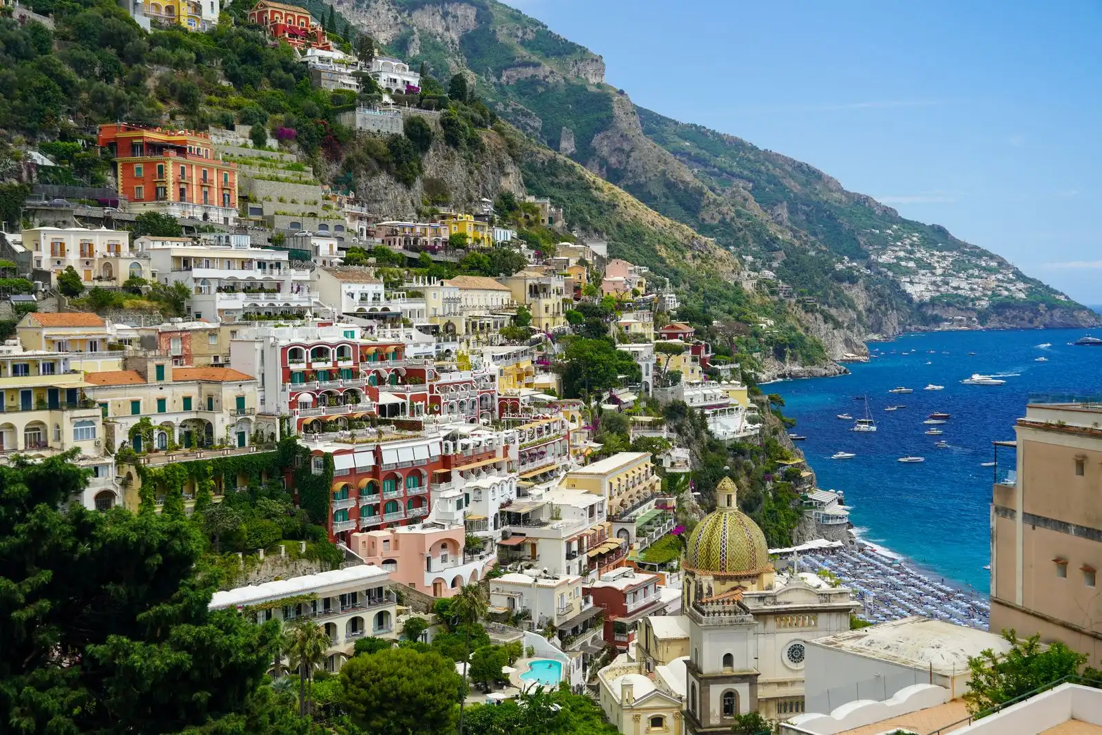 Positano's hillside buildings above the sea on the Amalfi Coast