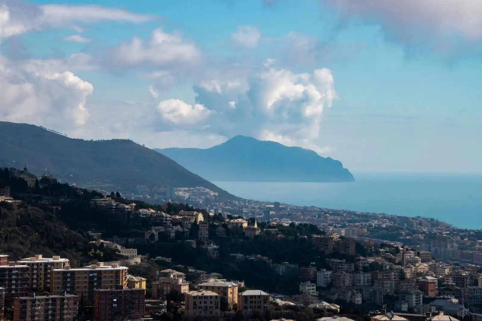 Genoa's buildings along the coast below wooded hills