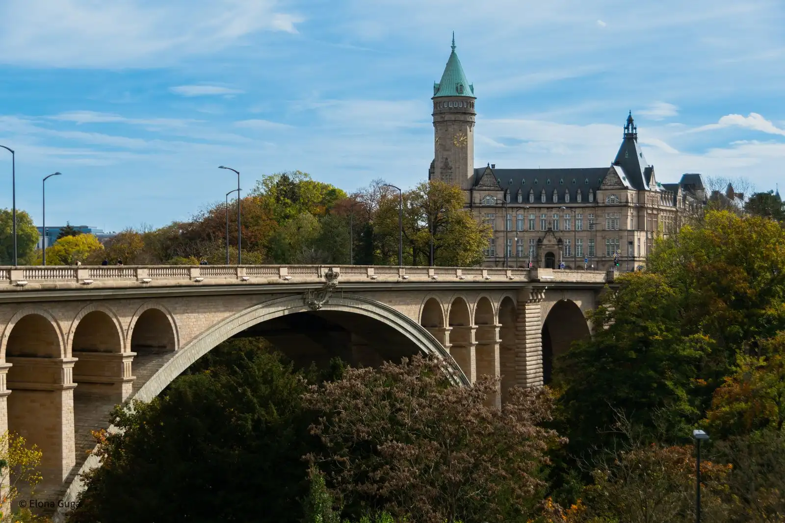 Adolphe Bridge and historic buildings in Luxembourg City