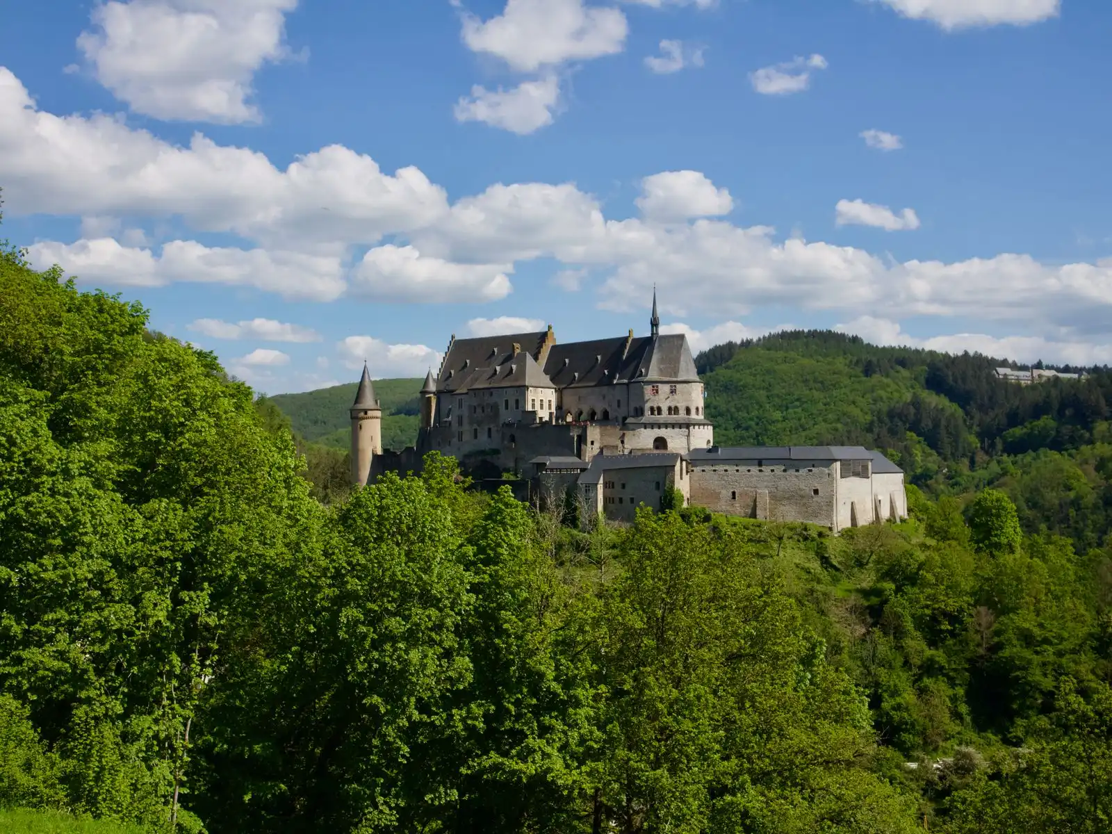 Vianden Castle surrounded by wooded hills
