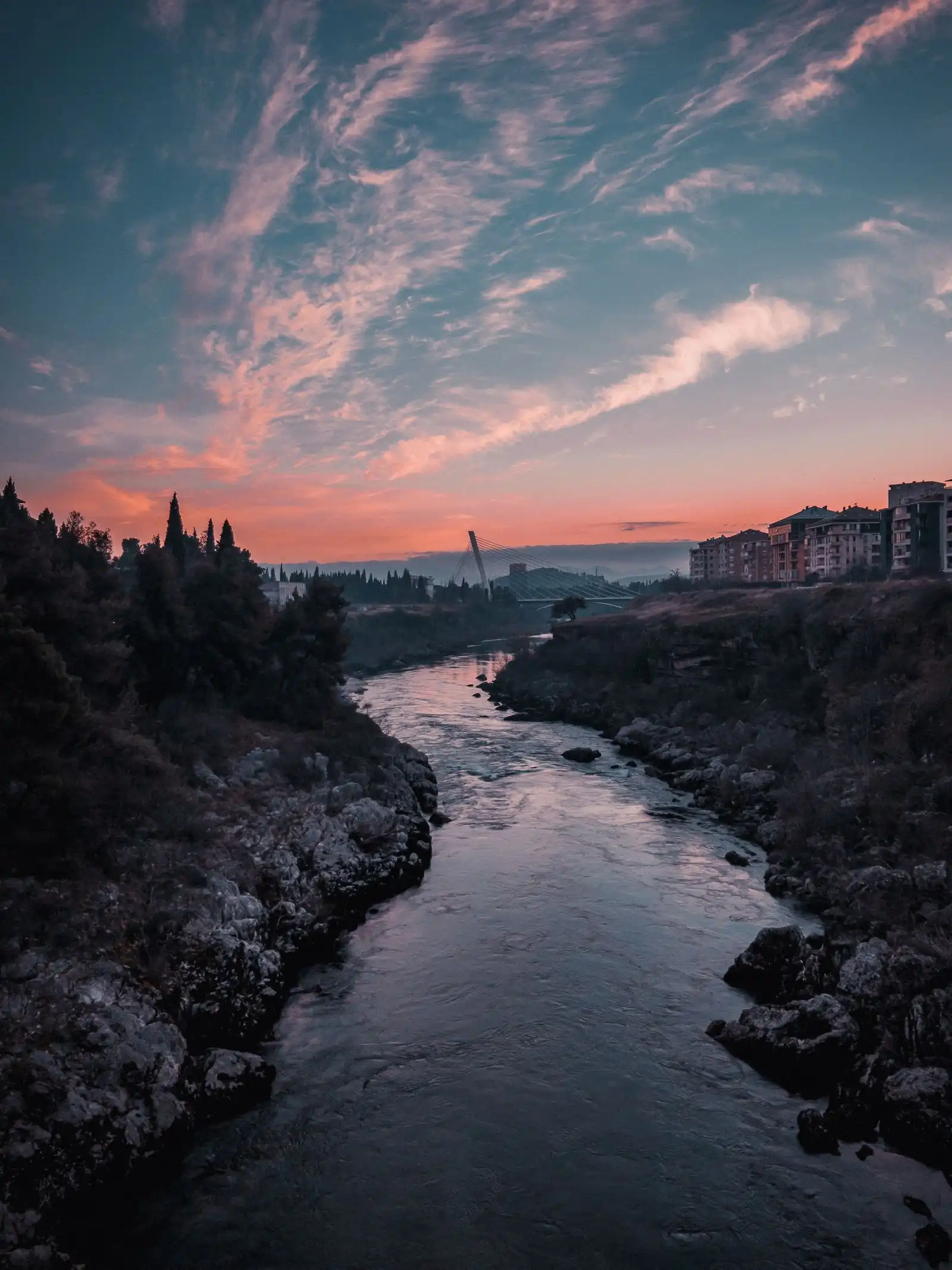 A bridge across the Morača River in Podgorica at dusk