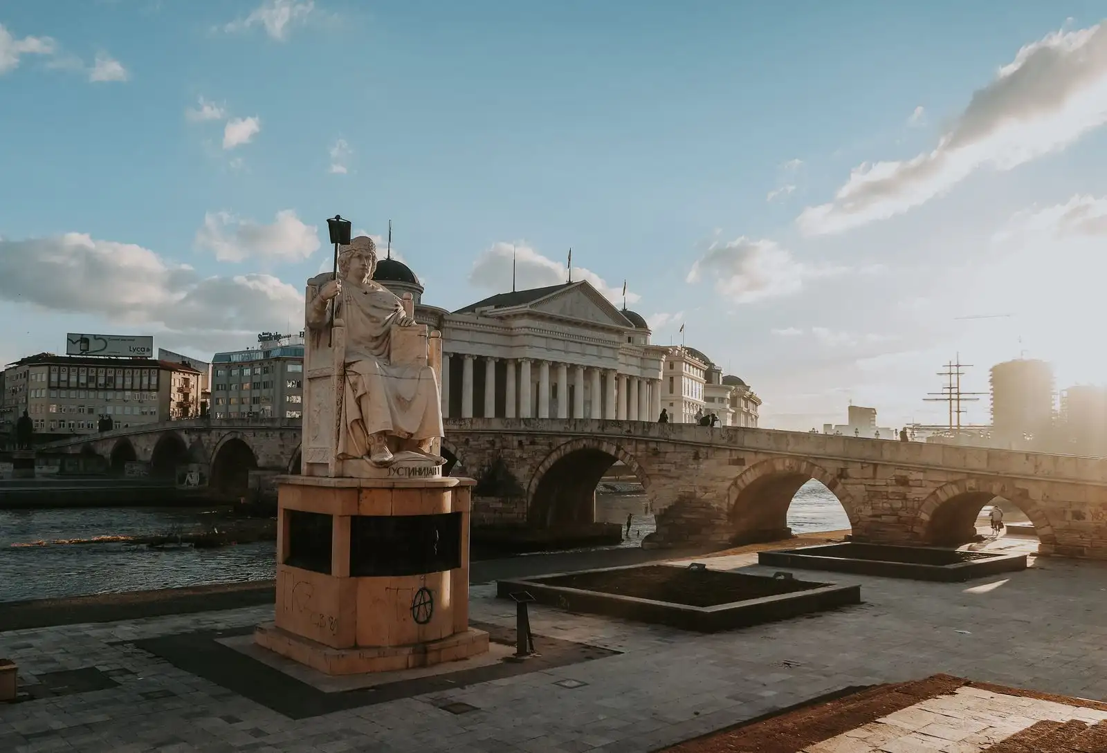 The Stone Bridge and riverside buildings in Skopje