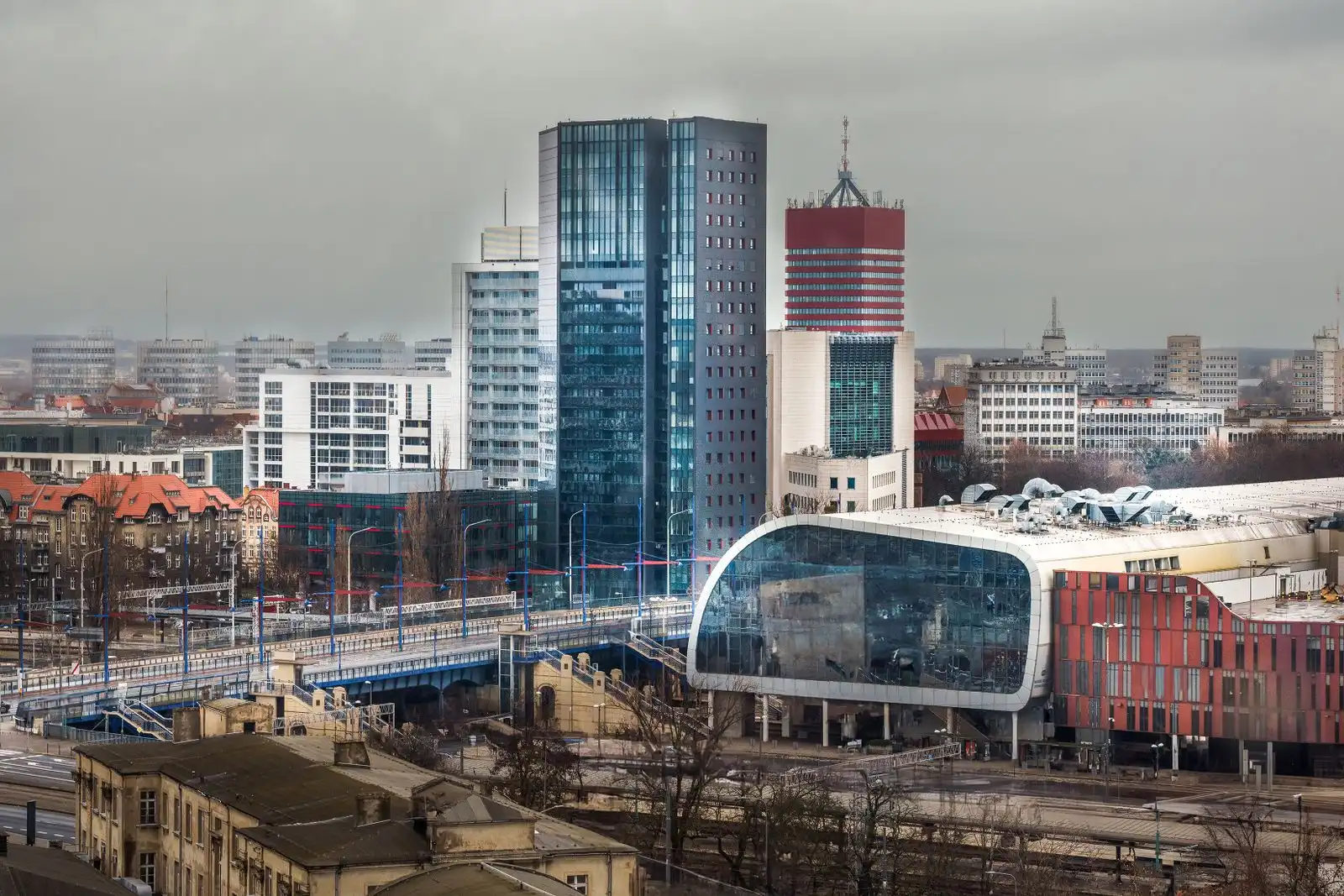 Modern towers and city buildings in Poznań