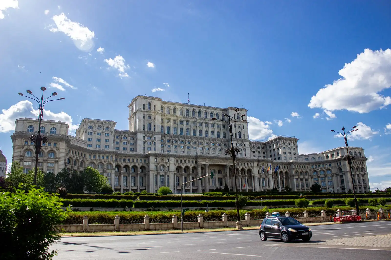 The Palace of the Parliament above gardens in Bucharest