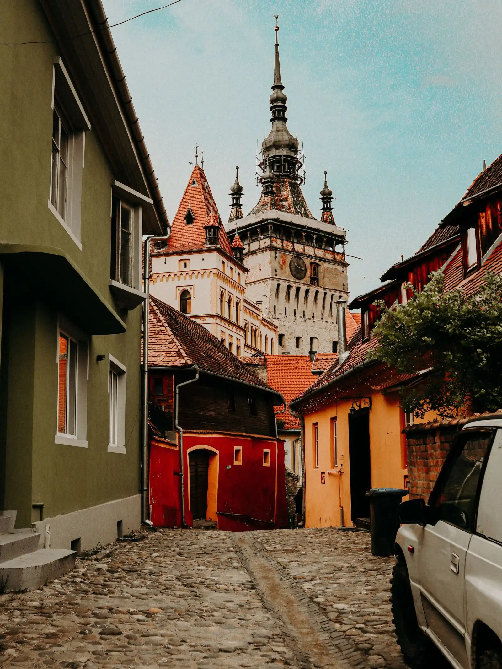 Clock tower and historic buildings in Sighișoara