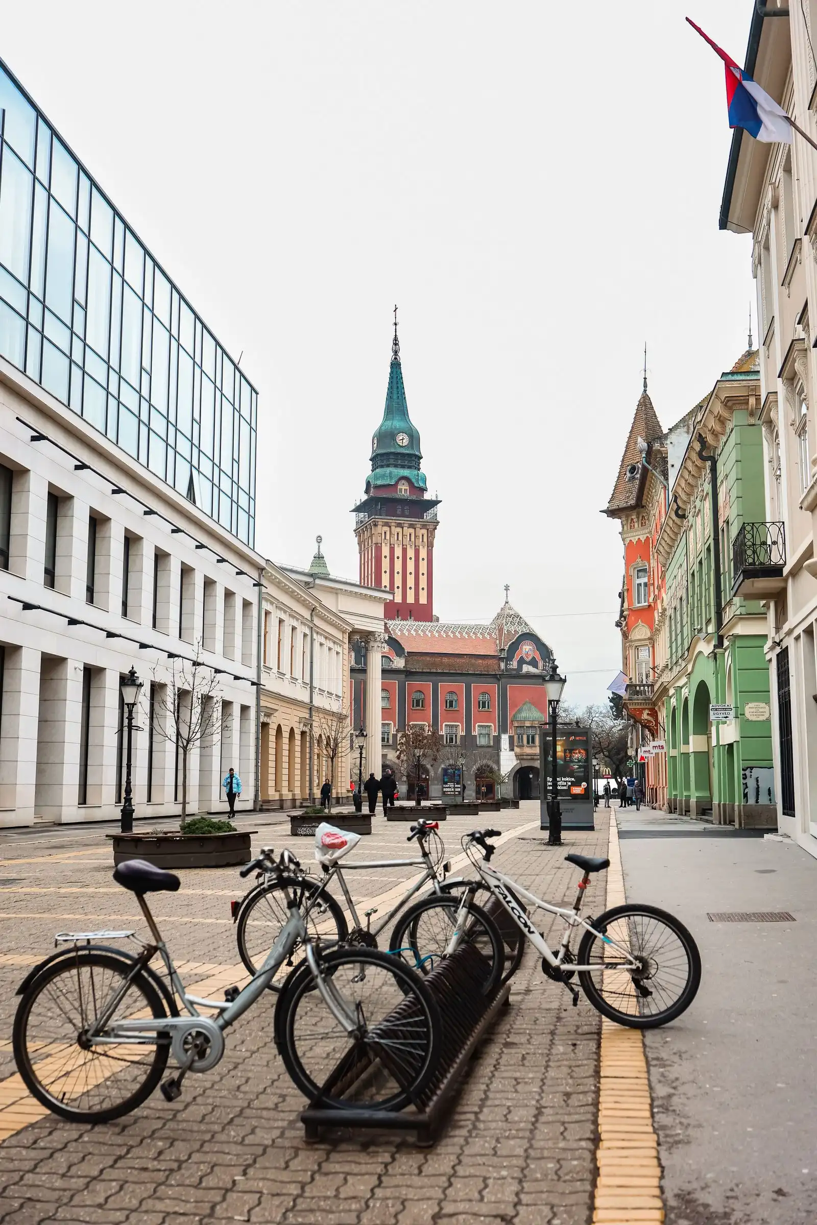 Bicycles on a street leading towards Subotica's City Hall