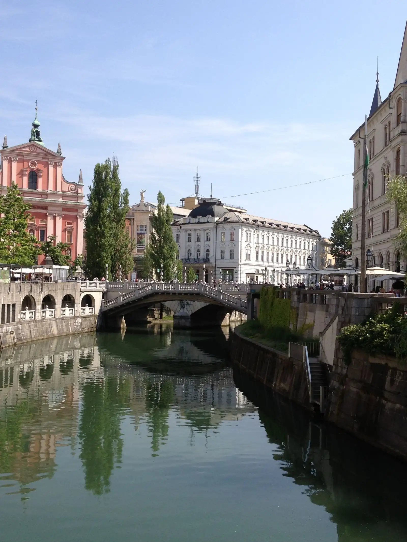 Ljubljana's Triple Bridge and buildings beside the Ljubljanica