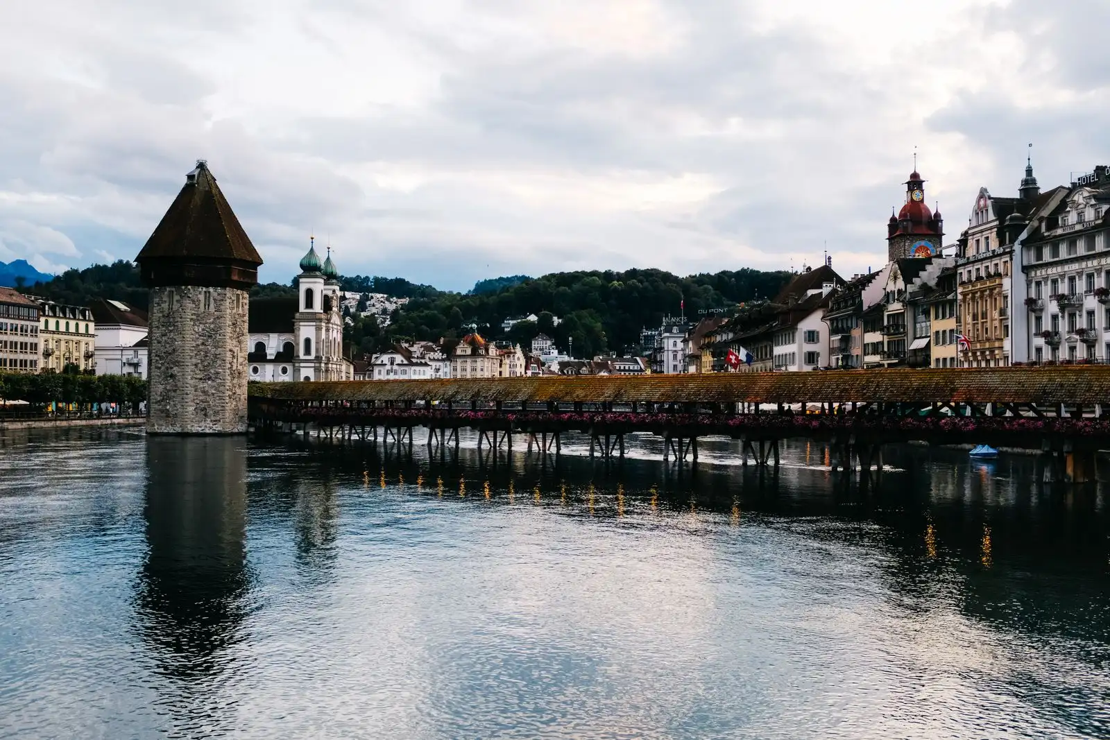 The Chapel Bridge and Water Tower beside Lucerne's riverfront