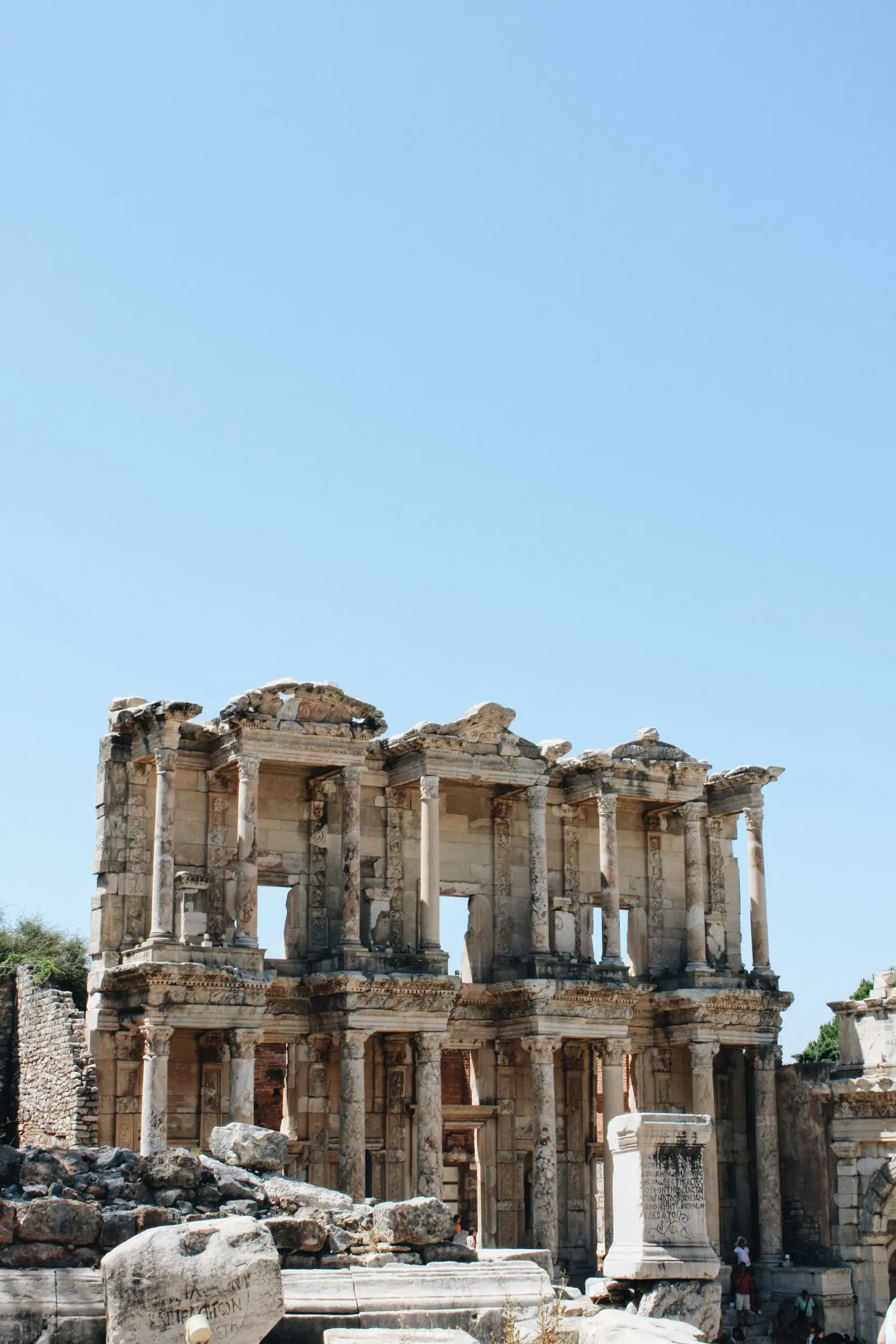 The columns and stone facade of the Library of Celsus at Ephesus near Selçuk