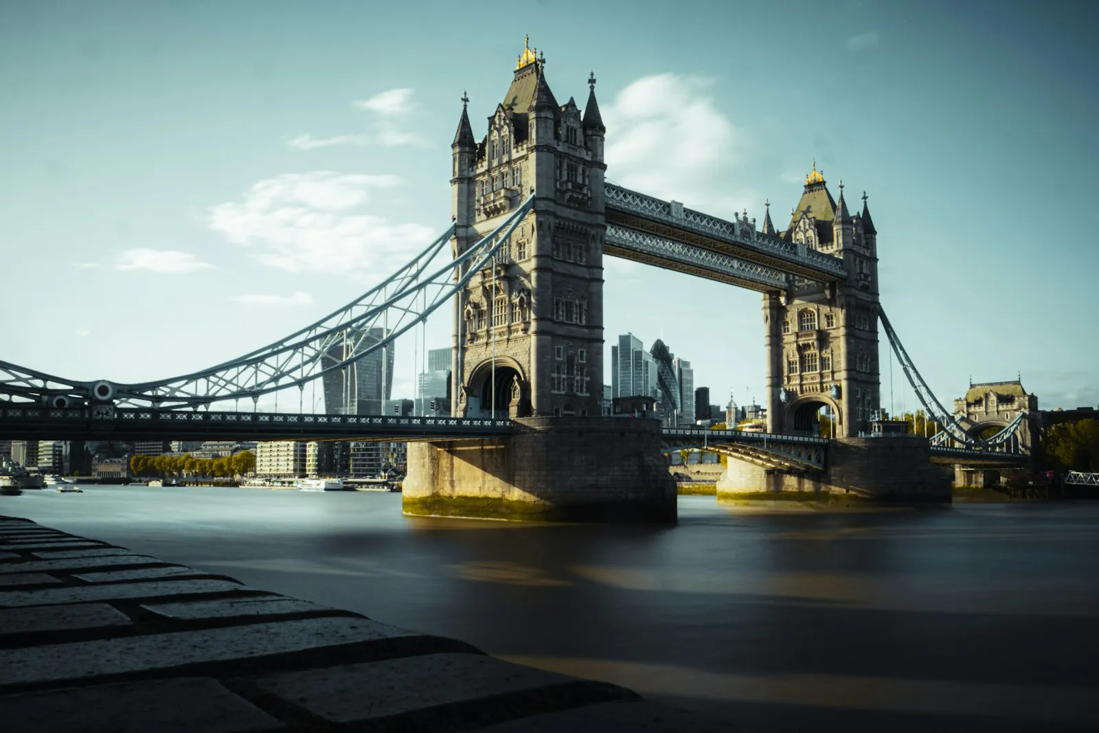 Tower Bridge and the Thames in London, with both bridge towers visible