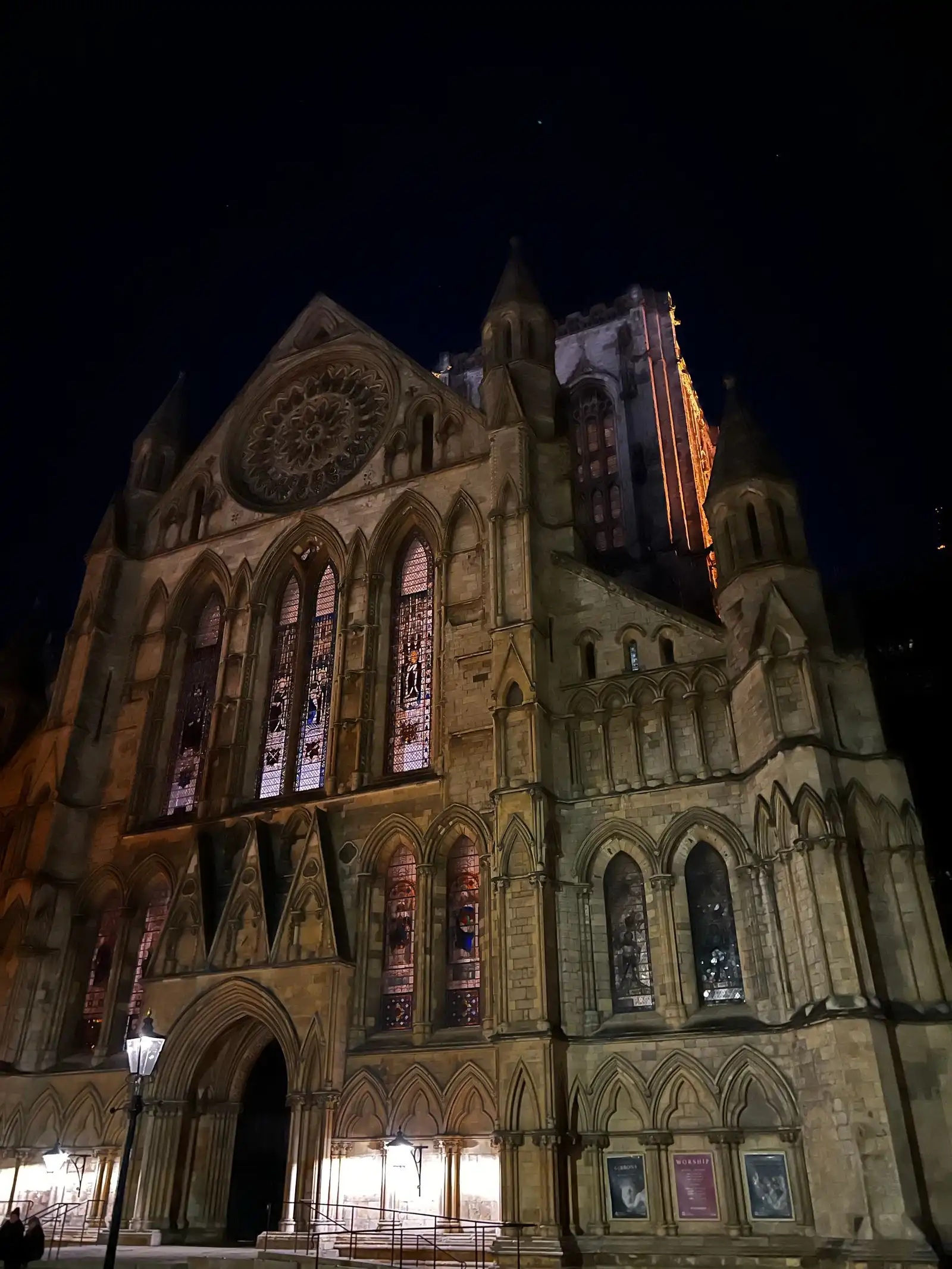 Illuminated facade of York Minster at night