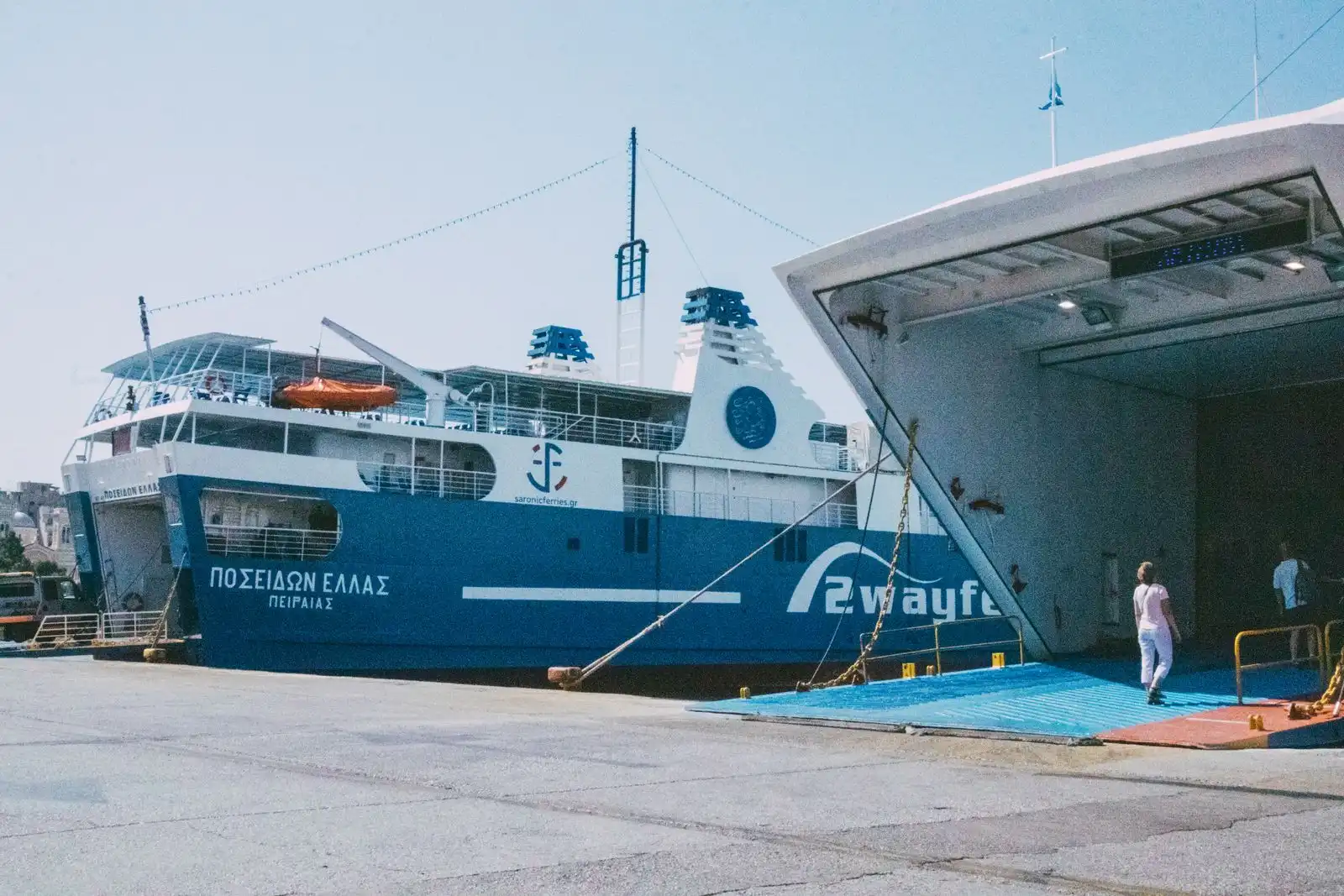 Passenger ferry with a loading ramp at Piraeus port