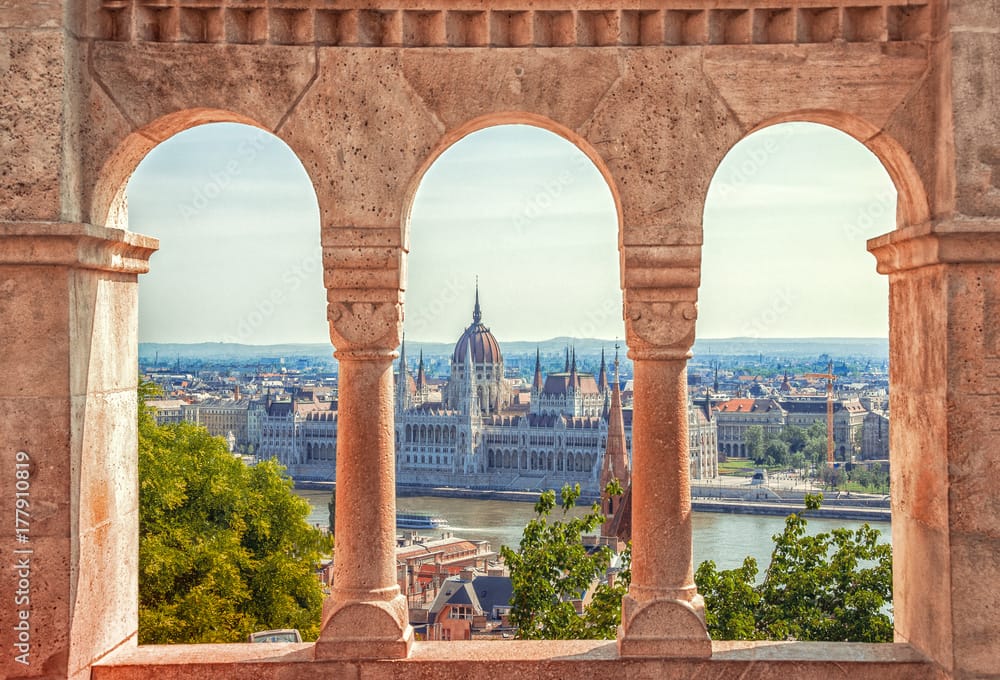 Hungary. Budapest. Parliament view through Fishermans Bastion.