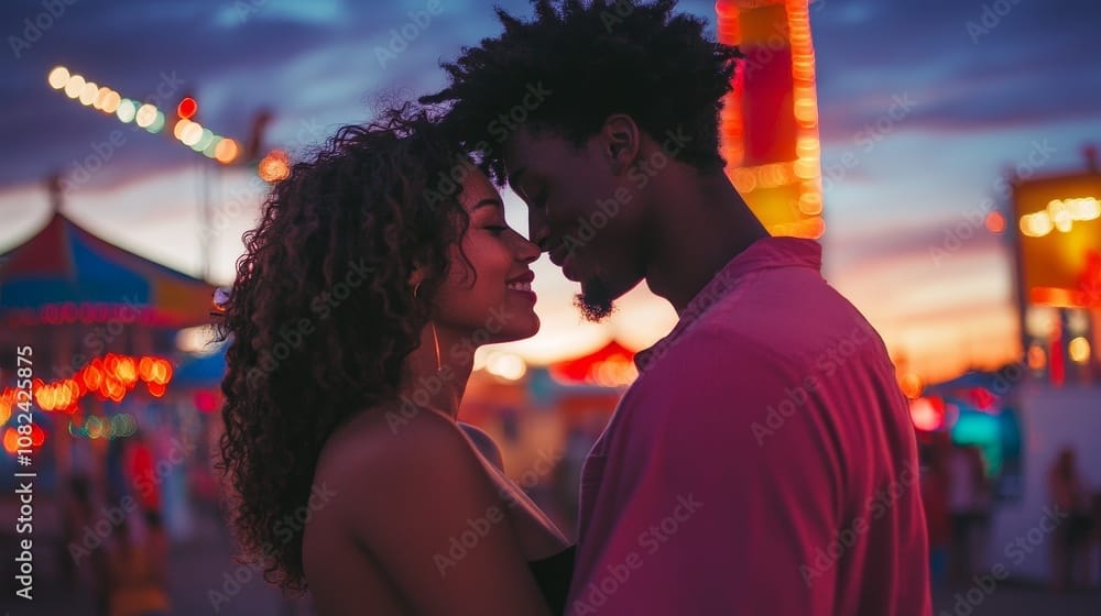 Twilight Romance: Young Lovers Embracing Under Vibrant Carnival Lights in an Intimate Moment with Playful Vibes